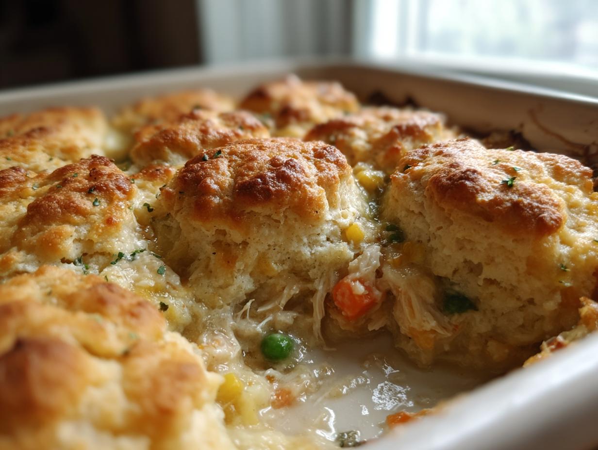 Close-up of a freshly baked chicken pot pie casserole with golden biscuits on top and creamy filling showing.