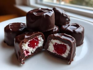 A stack of dark chocolate covered cherries, one cut open revealing the white cream and bright red cherry center.