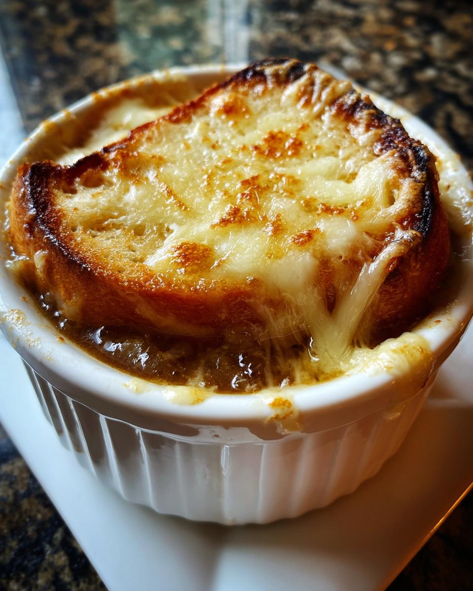 Close-up of a piping hot bowl of french onion soup topped with a thick layer of broiled, melted Gruyère cheese over toasted bread.