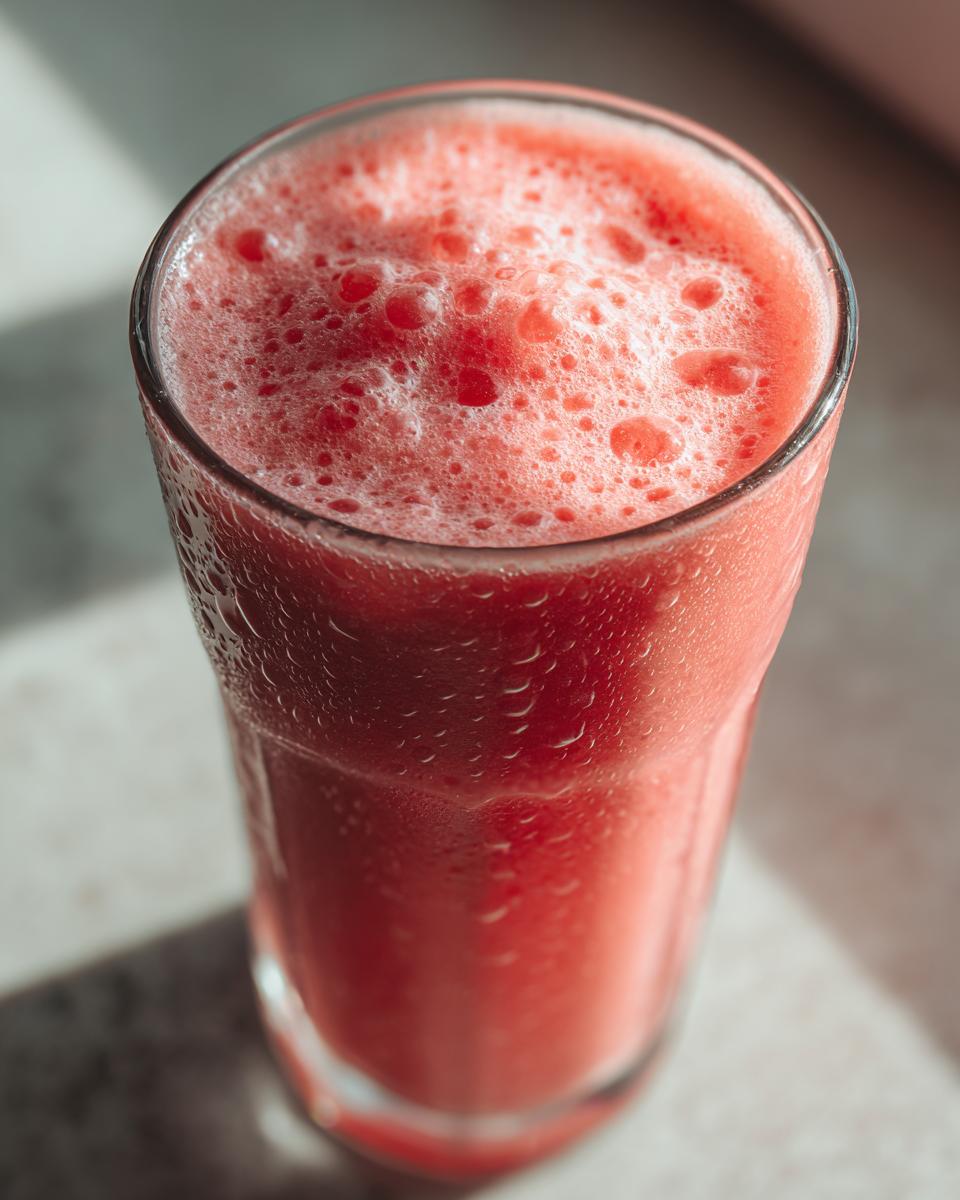 Close-up of a cold, frothy watermelon smoothie in a tall glass with condensation beads.