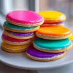 A stack of round sugar cookies topped with vibrant, smooth cookie icing in pink, teal, orange, and purple, decorated with sprinkles.