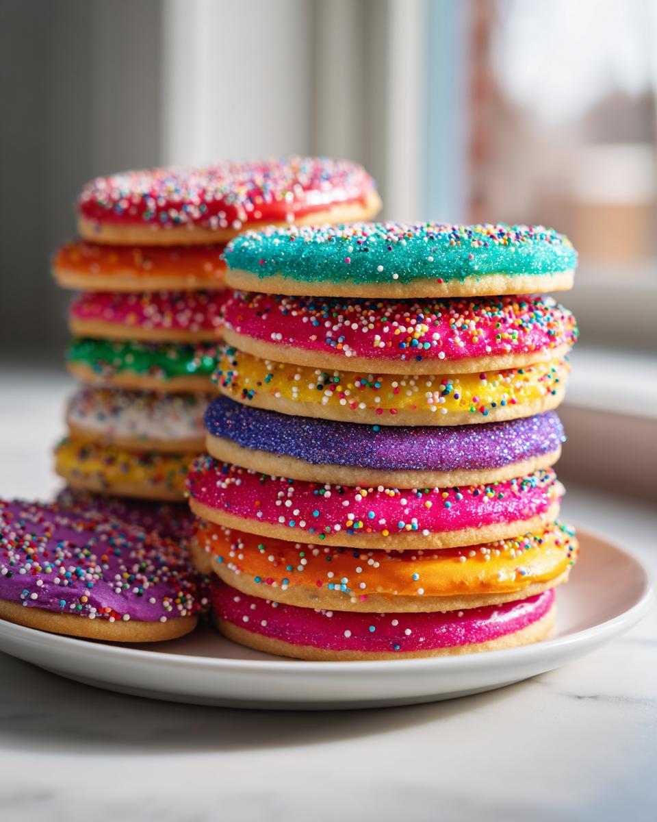 Tall stacks of round sugar cookies topped with vibrant, colorful cookie icing and sprinkles.