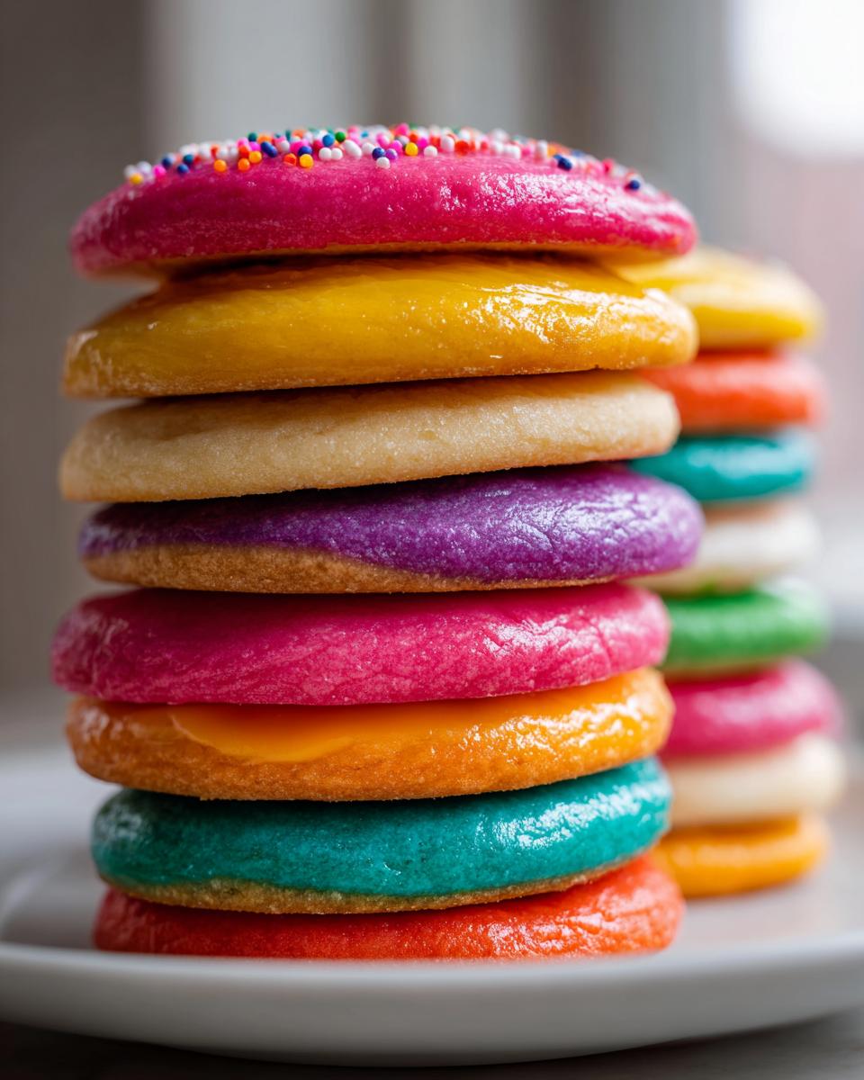 A tall stack of sugar cookies topped with vibrant, glossy cookie icing in pink, yellow, purple, and blue.