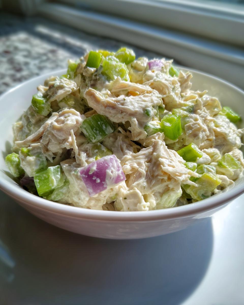 Close-up of a white bowl filled with creamy cottage cheese chicken salad mixed with diced green celery and purple onion.