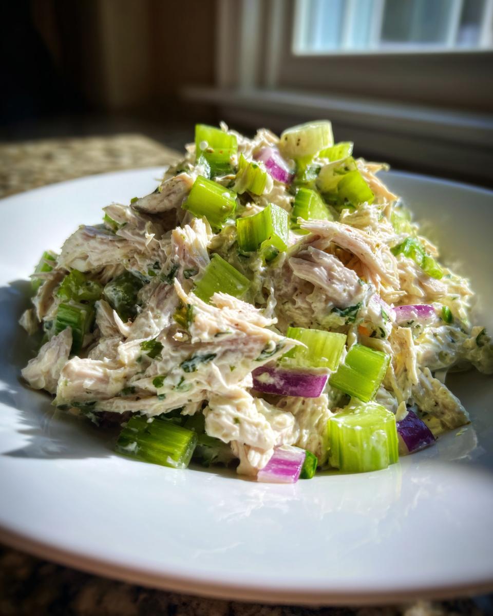 A close-up of creamy cottage cheese chicken salad mixed with bright green celery chunks and purple red onion pieces.