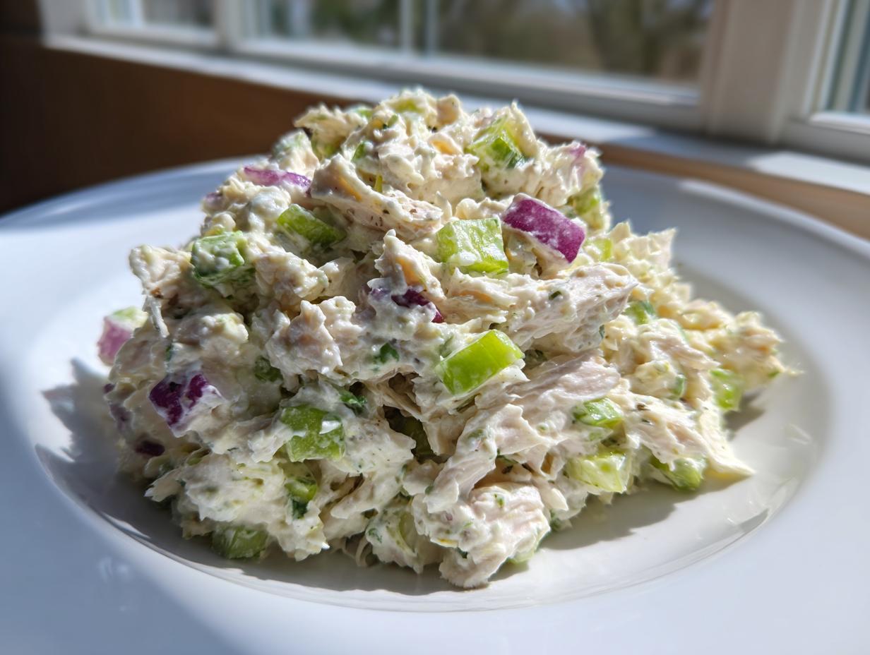 A close-up of a mound of creamy cottage cheese chicken salad mixed with bright green celery and purple red onion pieces.