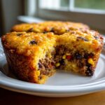 Close-up of a cowboy cornbread casserole muffin cut in half, showing the savory ground meat, corn, and bean filling.