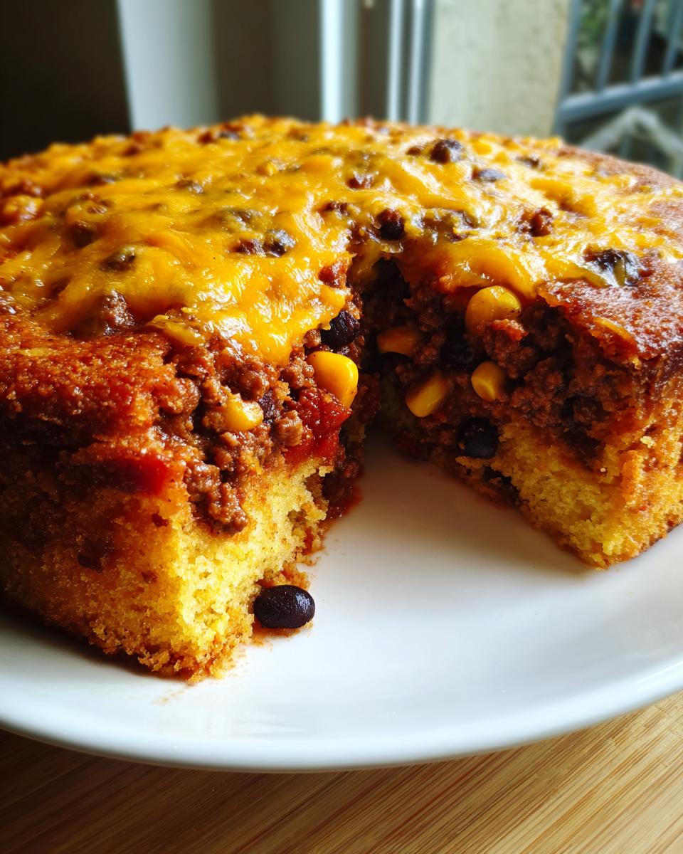 A slice taken out of a round cowboy cornbread casserole showing layers of cornbread, chili filling with corn and beans, topped with melted cheddar cheese.