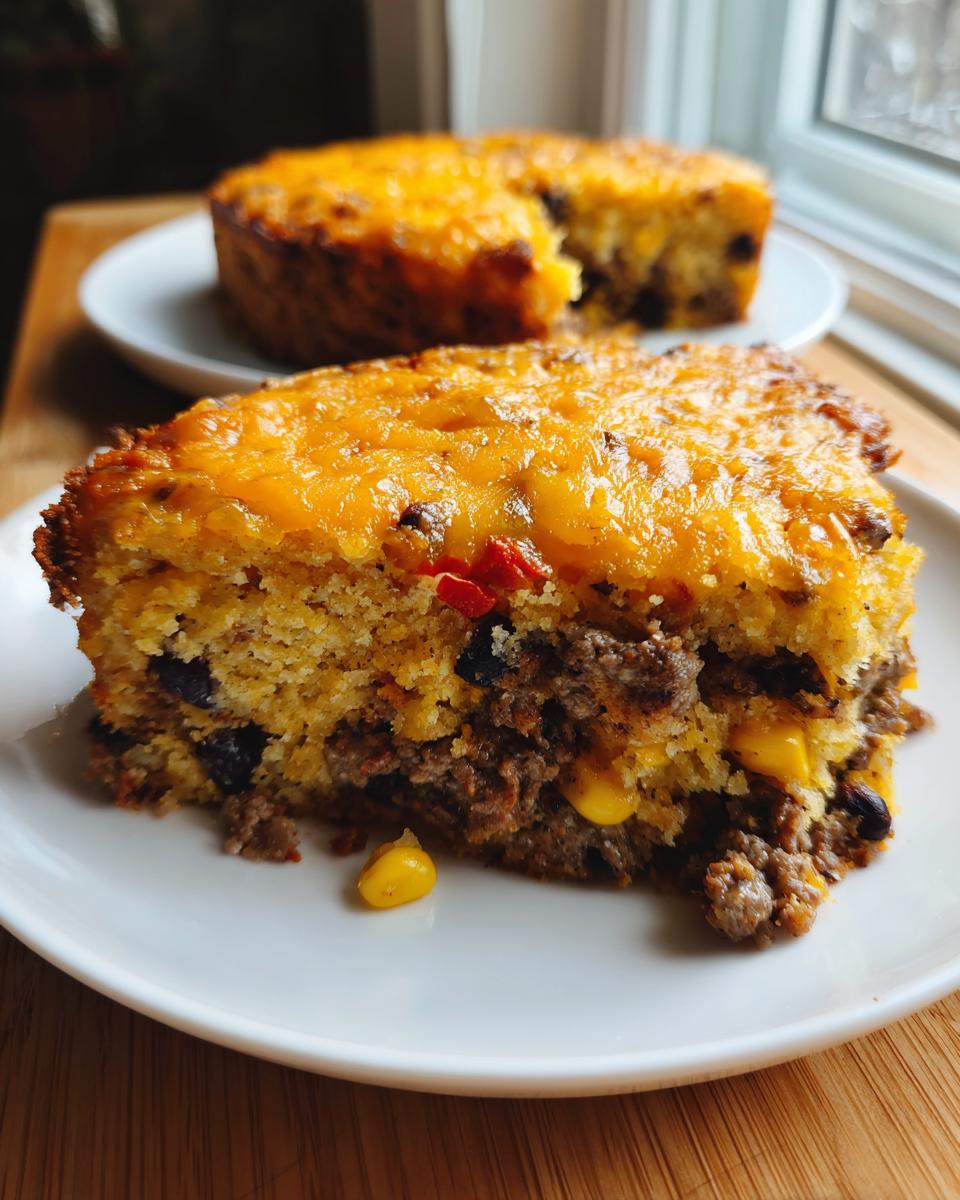 Close-up of a hearty slice of cowboy cornbread casserole showing layers of seasoned meat, corn, and a melted cheddar cheese top.