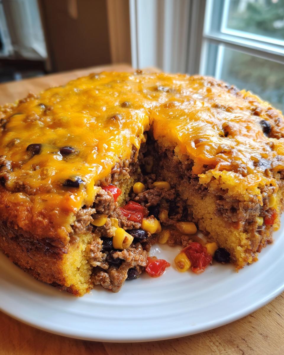 A cross-section view of a hearty cowboy cornbread casserole topped with melted cheddar cheese, showing layers of ground meat, corn, and black beans.