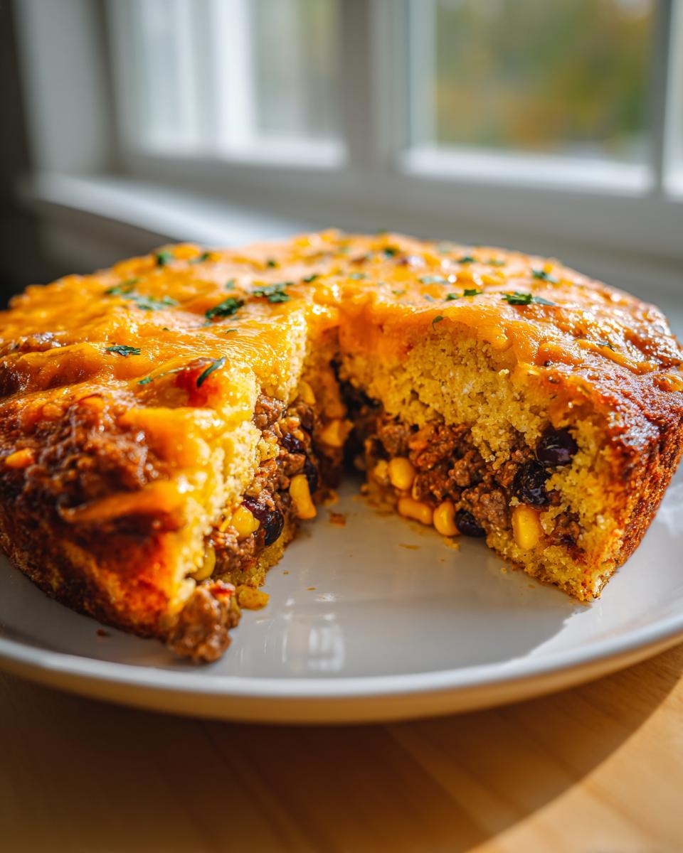 A slice removed from a baked cowboy cornbread casserole showing a hearty meat, corn, and bean filling topped with melted cheddar cheese.