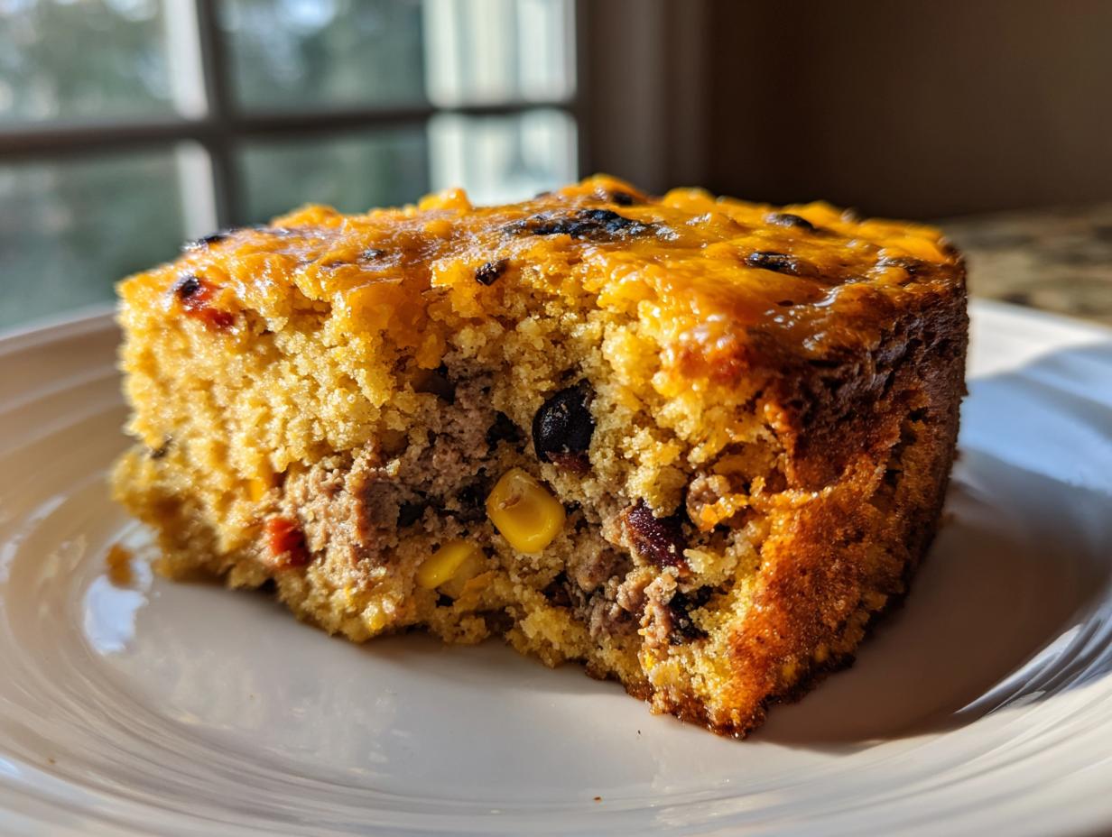 A close-up slice of moist cowboy cornbread casserole showing ground meat, corn, and a melted cheese topping.
