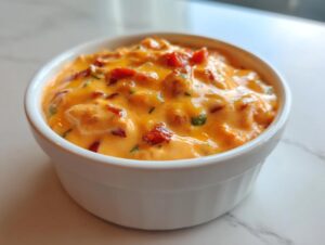 A close-up of creamy, orange rotel dip mixed with diced tomatoes and green chiles, served in a small white ramekin.