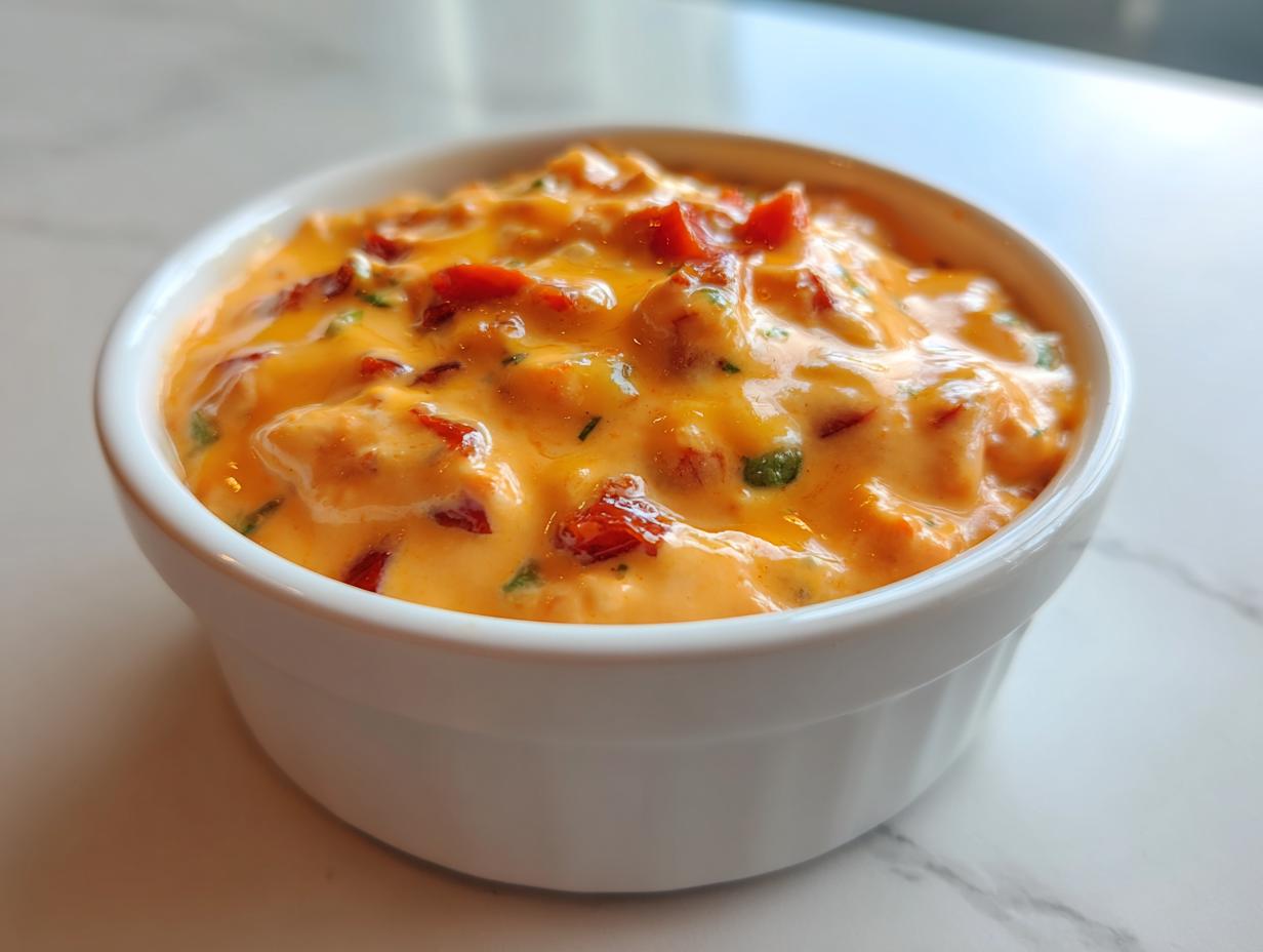 A close-up of creamy, orange rotel dip mixed with diced tomatoes and green chiles, served in a small white ramekin.