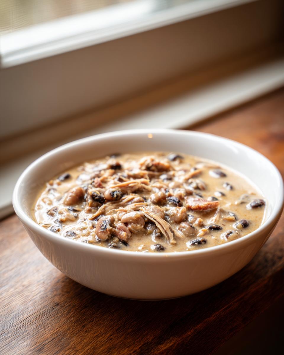 A creamy, savory stew featuring black eyed peas and shredded meat served in a white bowl.