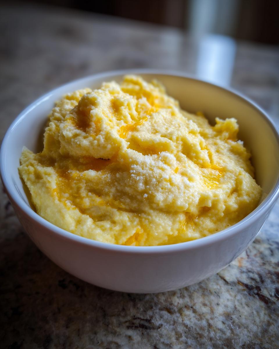 A close-up of a white bowl filled with creamy, yellow cheese grits topped with melted cheese.