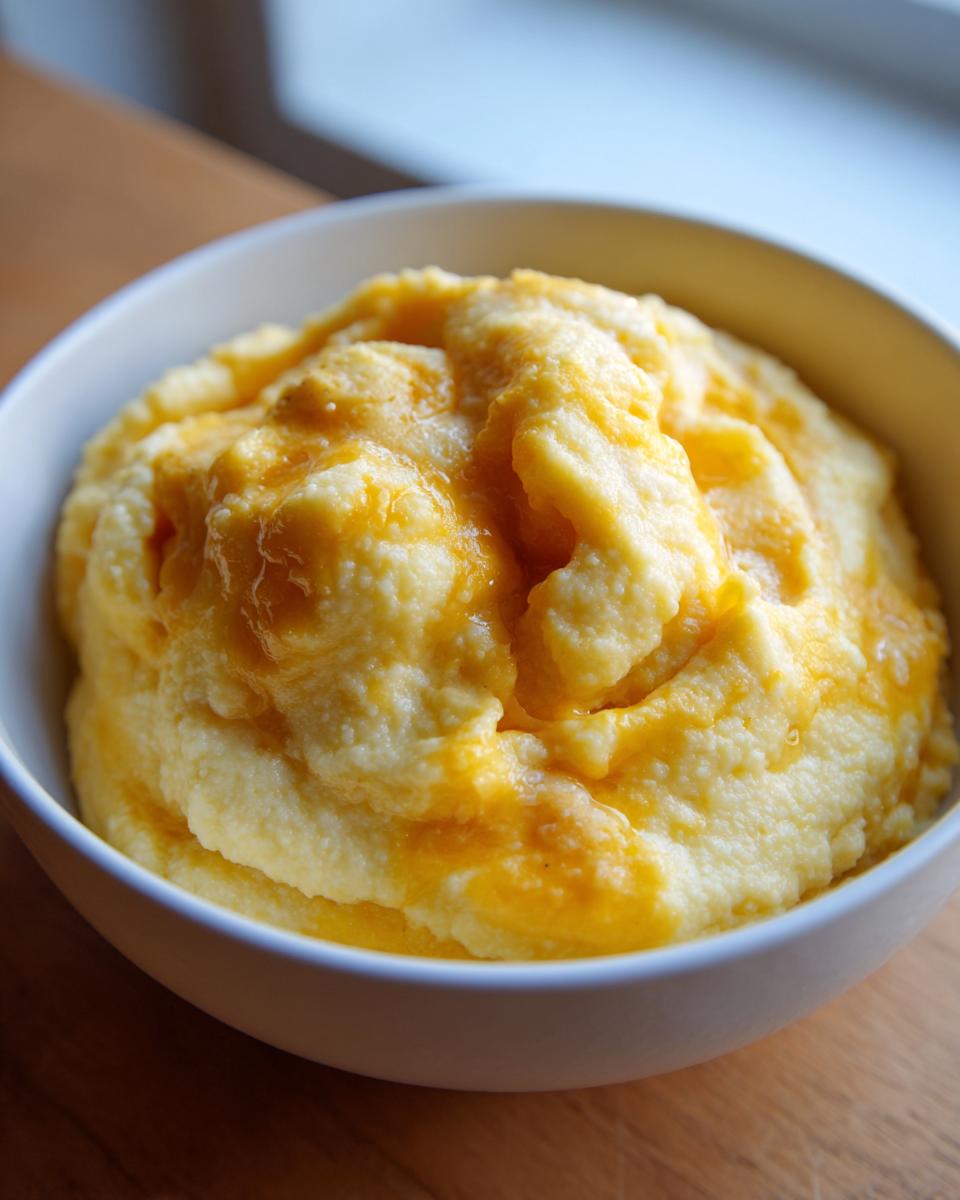 A close-up of a white bowl filled with creamy, yellow cheese grits topped with melted cheddar.