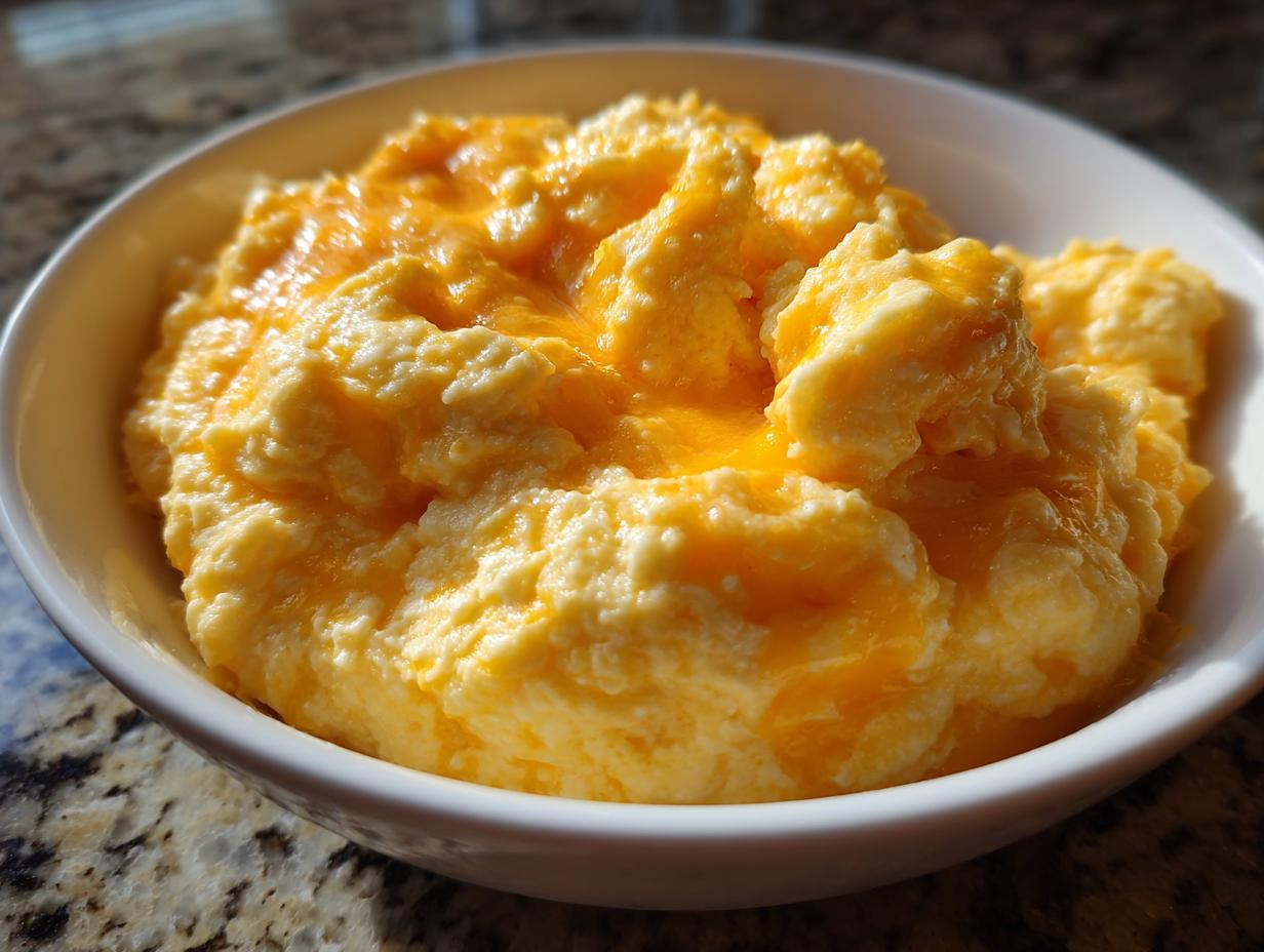 Close-up of a white bowl filled with fluffy, creamy cheese grits topped with melted cheddar cheese.