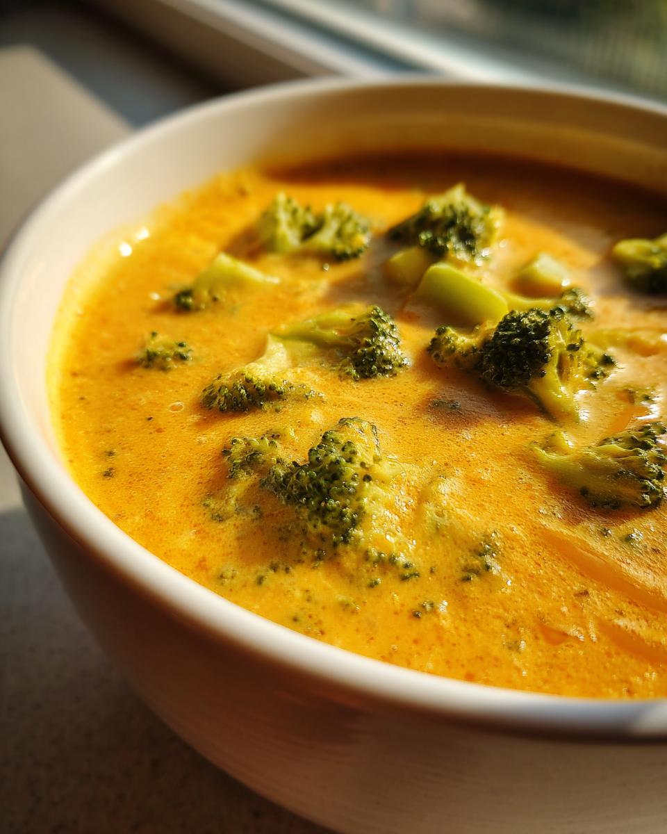 Close-up shot of vibrant, creamy orange broccoli cheddar soup filled with bright green broccoli florets in a white bowl.