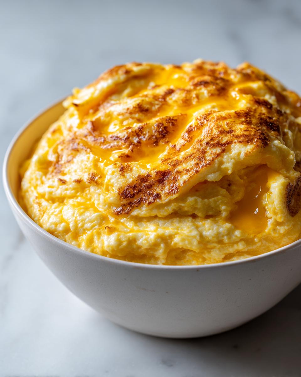 Close-up of a white bowl filled with creamy, yellow cheese grits topped with melted, slightly browned cheese.