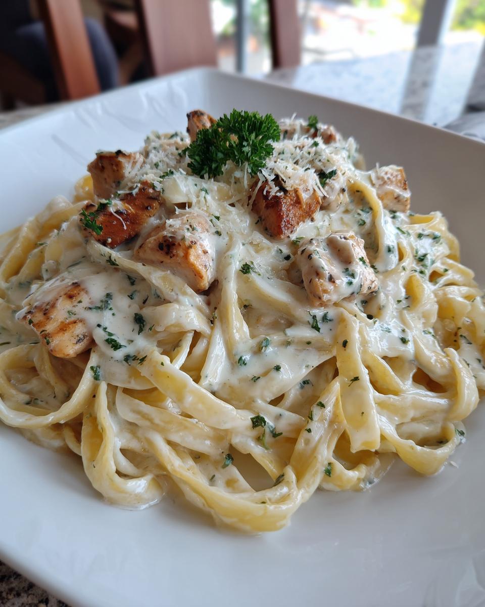 Close-up of fettuccine pasta coated in rich white sauce, topped with grilled chicken pieces for chicken alfredo.