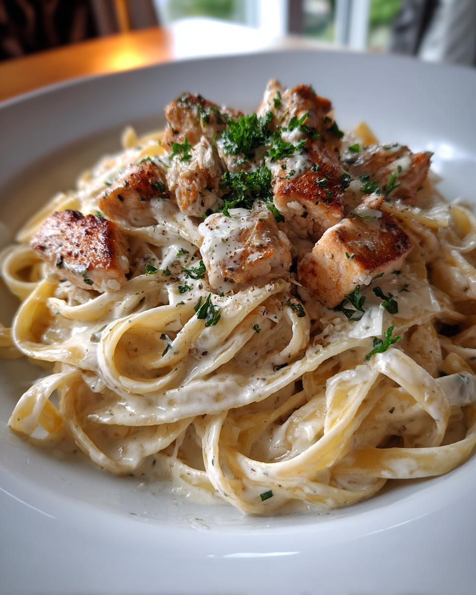 A close-up shot of creamy fettuccine pasta topped with seared chicken pieces and fresh parsley, showcasing the chicken alfredo.