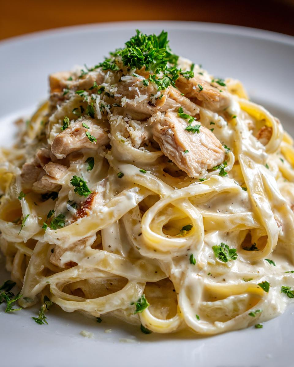 Close-up of fettuccine pasta coated in creamy sauce, topped with sliced chicken and parsley for chicken alfredo.