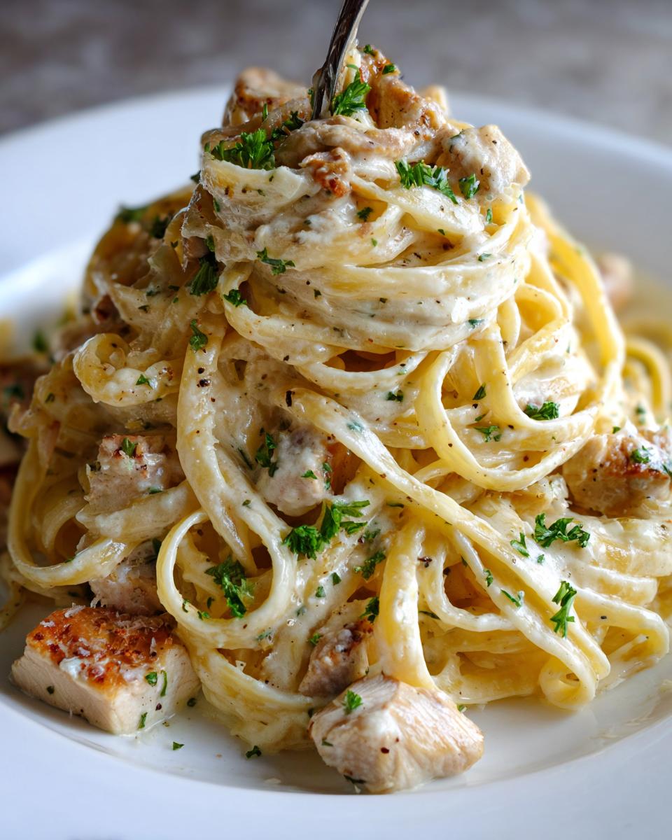 Close-up of fettuccine pasta twirled high on a fork, coated in rich white sauce and chunks of seasoned chicken, making amazing chicken alfredo.