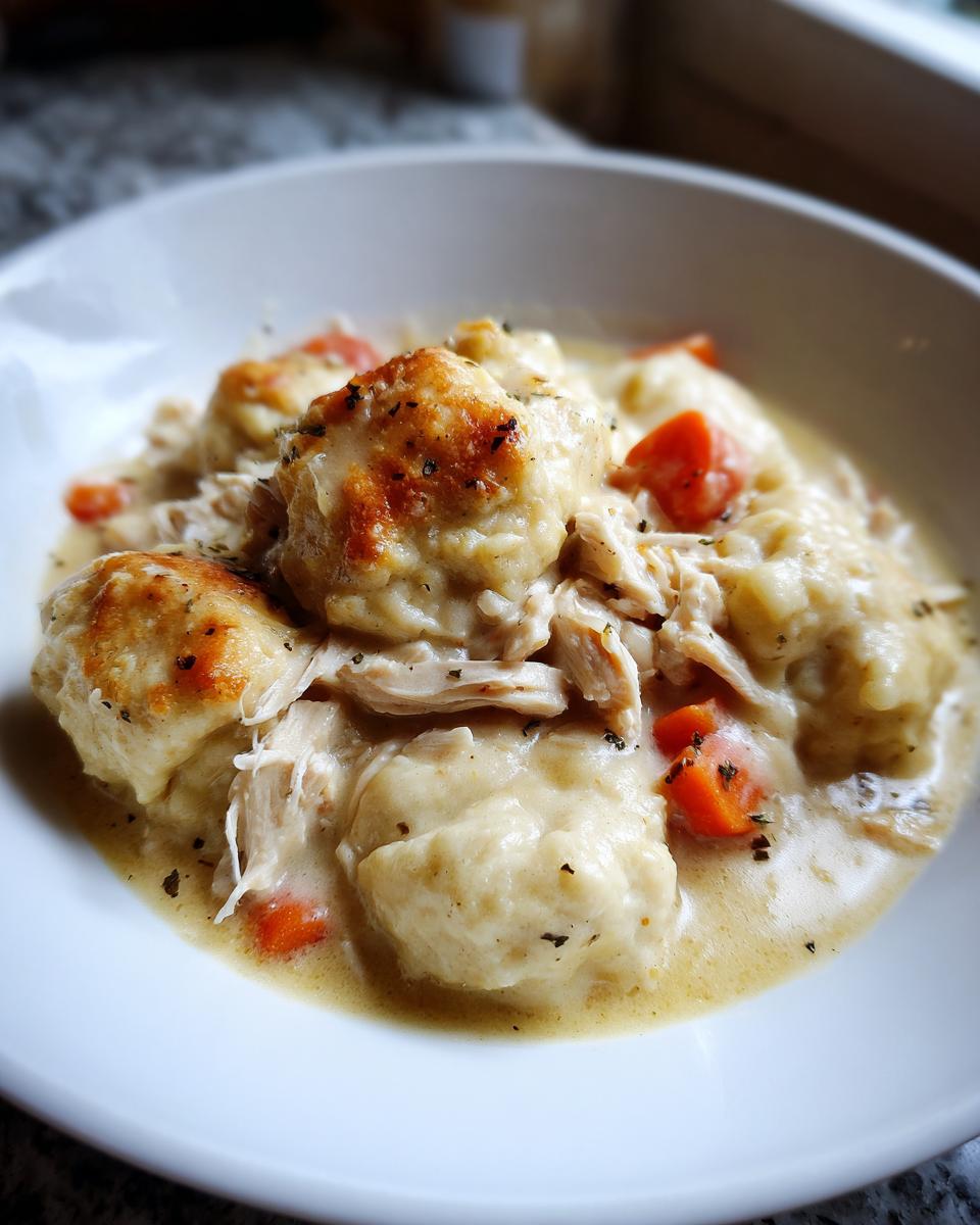 Close-up of a white bowl filled with creamy chicken and dumpling stew, featuring shredded chicken, carrots, and browned dumplings.