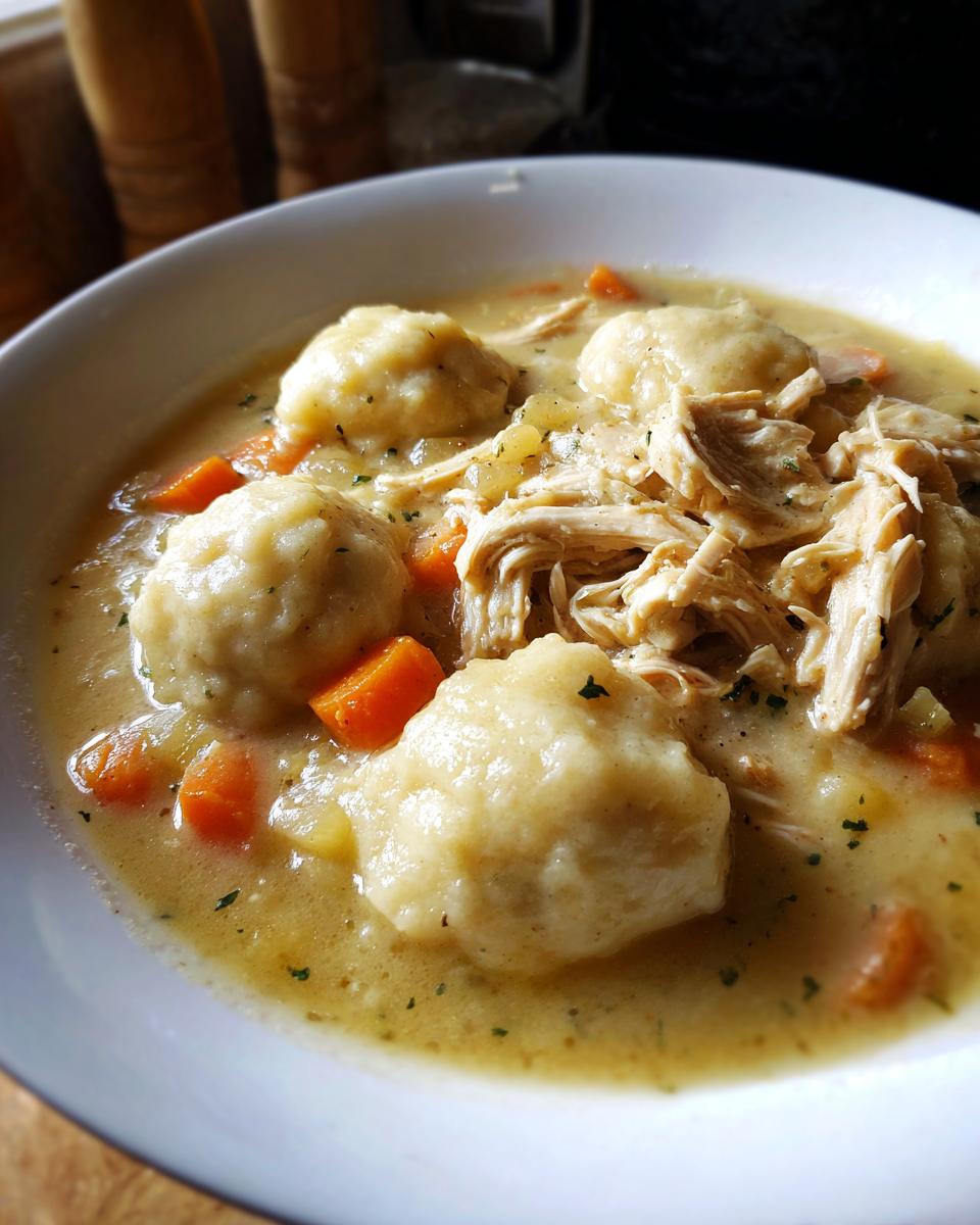 Close-up of a white bowl filled with creamy chicken and dumpling soup, featuring shredded chicken and bright orange carrots.