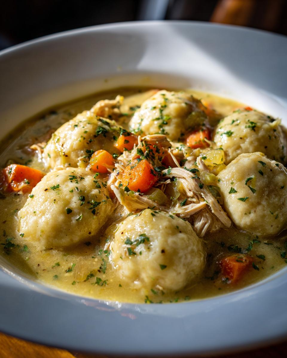 A close-up bowl of creamy chicken and dumpling soup featuring fluffy dumplings, shredded chicken, carrots, and parsley.