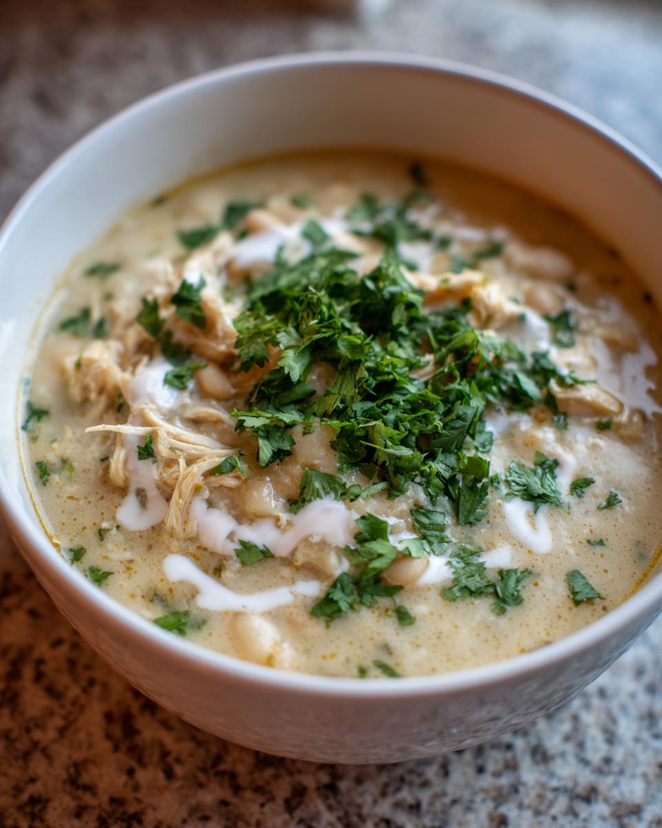 Close-up of a creamy white chicken chili topped with sour cream swirls and fresh cilantro.