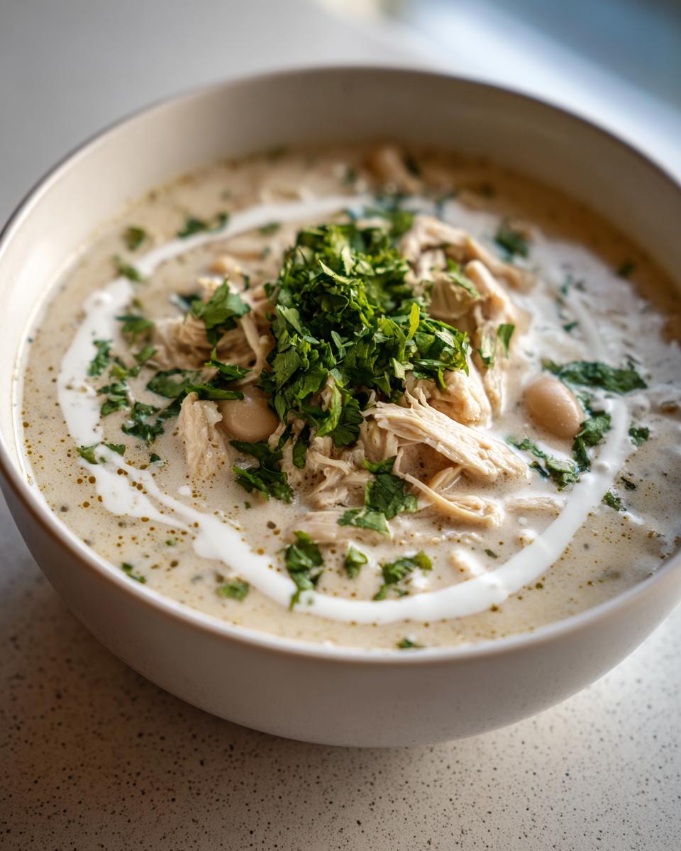 Close-up of a creamy white chicken chili topped with shredded chicken, white beans, and fresh cilantro.