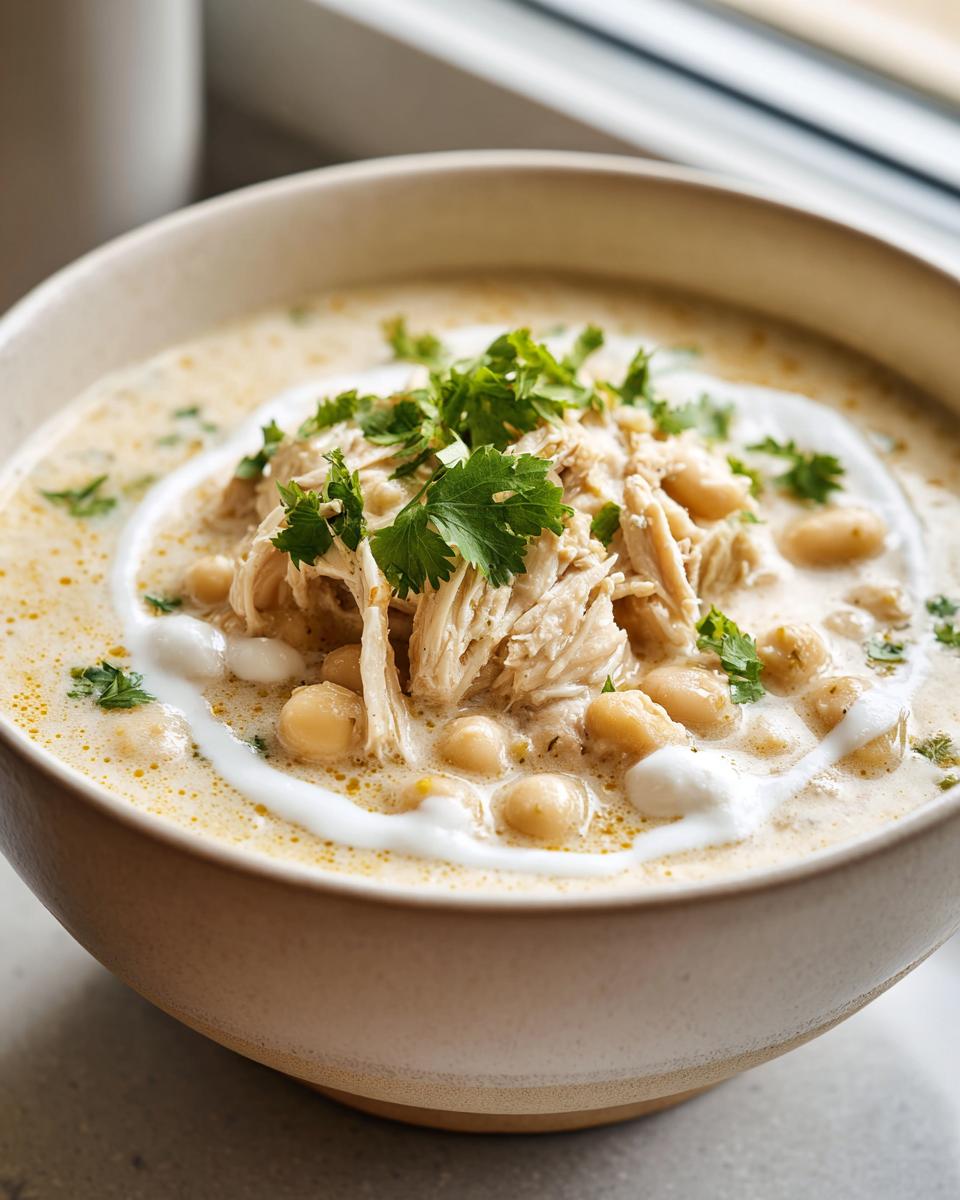 Close-up of a creamy white chicken chili in a bowl, topped with shredded chicken, white beans, and fresh cilantro.