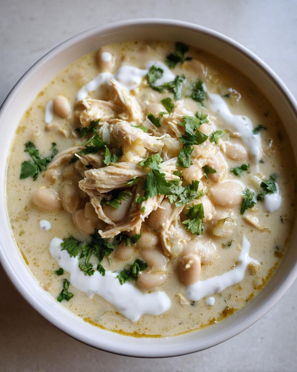 Overhead view of a bowl of creamy white chicken chili with shredded chicken, white beans, and cilantro garnish.