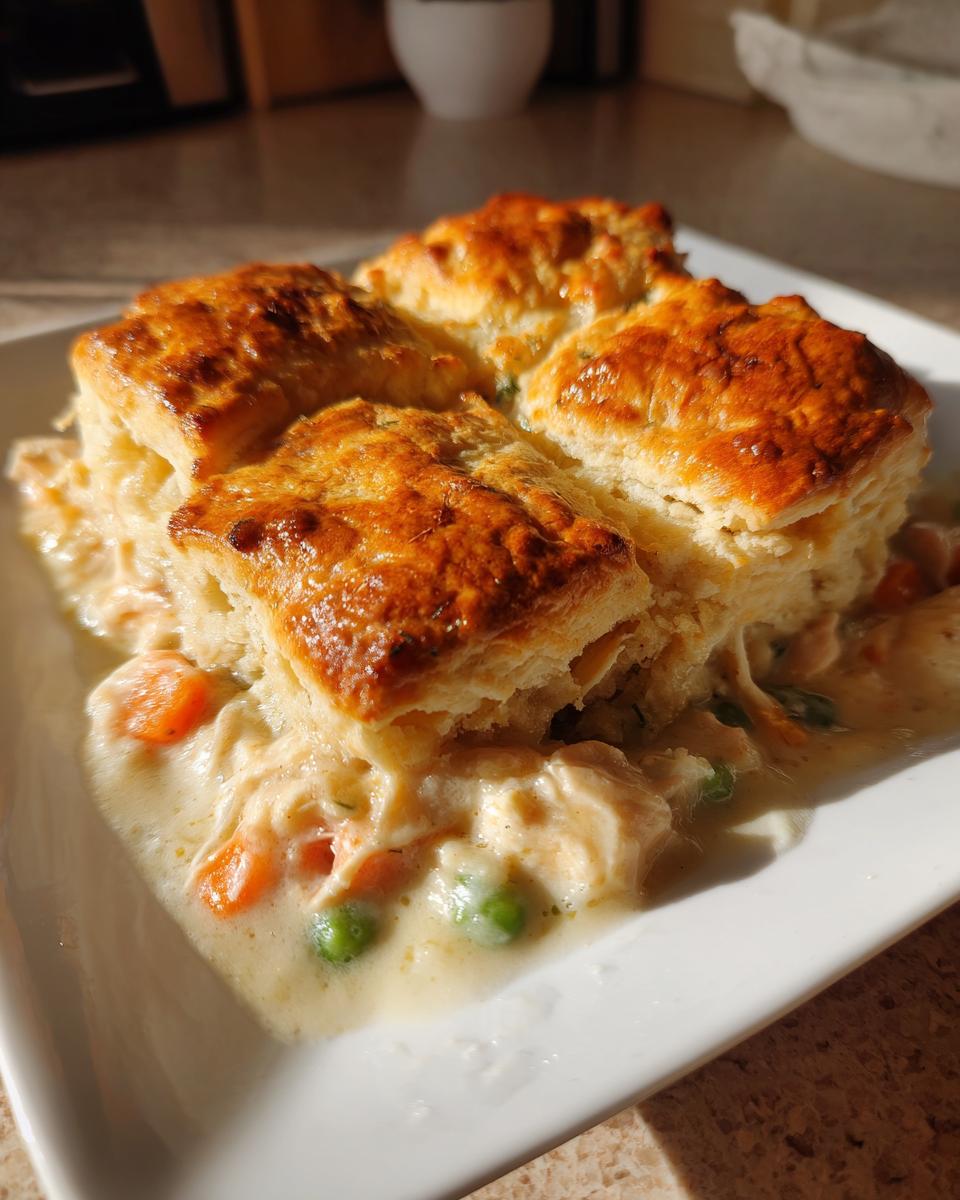 A serving of creamy chicken pot casserole topped with four golden-brown, flaky biscuits.
