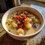 A close-up of a creamy bowl of clam chowder loaded with potatoes, shrimp, and crispy bacon bits.