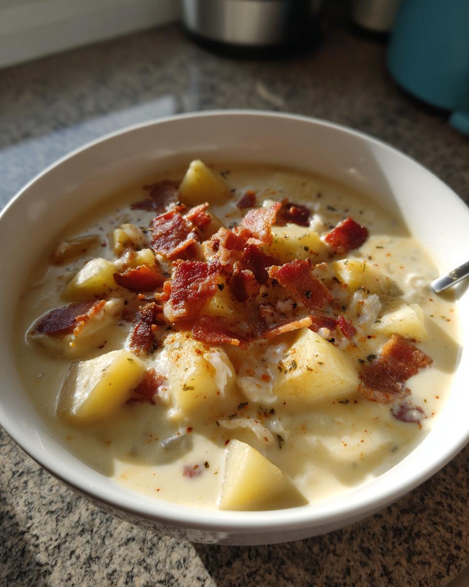 A close-up of a white bowl filled with creamy clam chowder, featuring large potato chunks and topped with crispy bacon bits.
