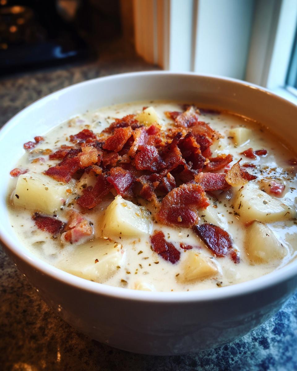 Close-up of a creamy bowl of clam chowder loaded with chunks of potato and topped generously with crispy bacon bits.