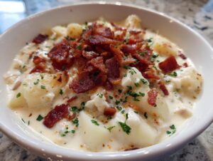 A close-up of creamy clam chowder in a white bowl, loaded with potatoes and topped generously with crispy bacon bits and parsley.