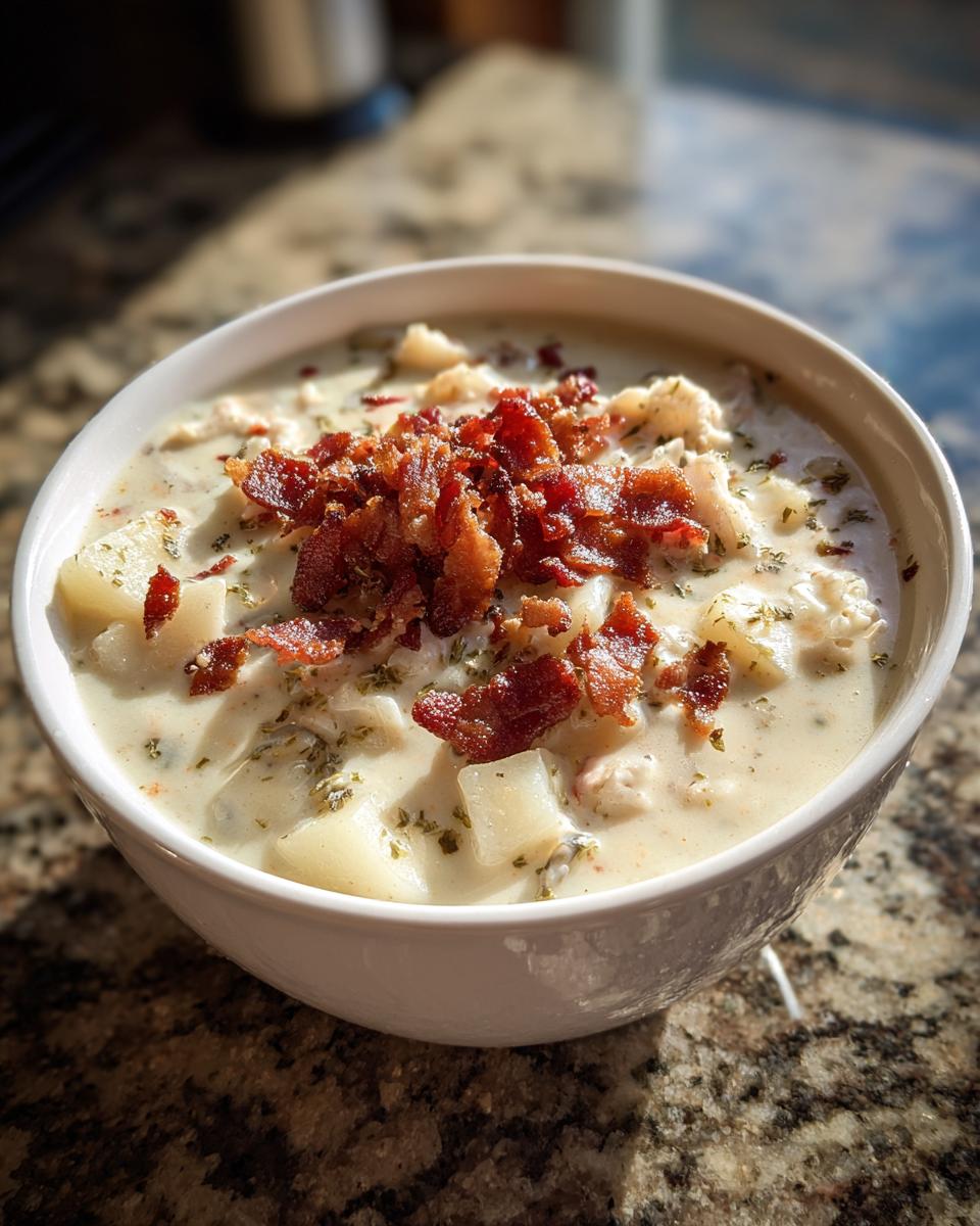 A close-up of a white bowl filled with creamy clam chowder, featuring potatoes and topped generously with crispy bacon bits.