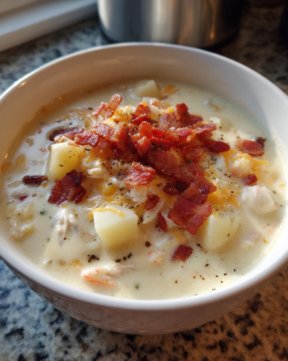 Close-up of a white bowl filled with creamy clam chowder, topped generously with crumbled bacon and shredded cheese.