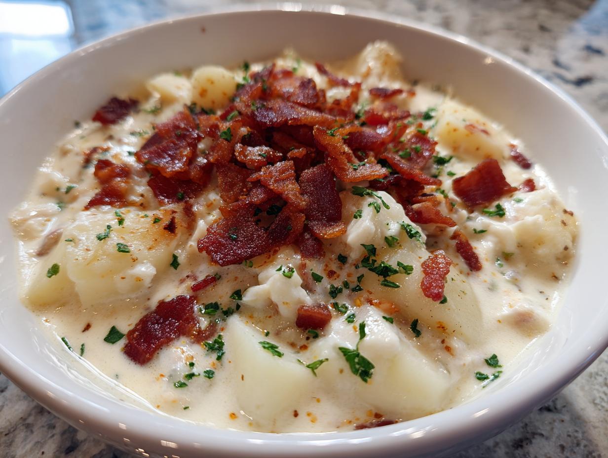 A close-up of creamy clam chowder in a white bowl, loaded with potatoes and topped generously with crispy bacon bits and parsley.