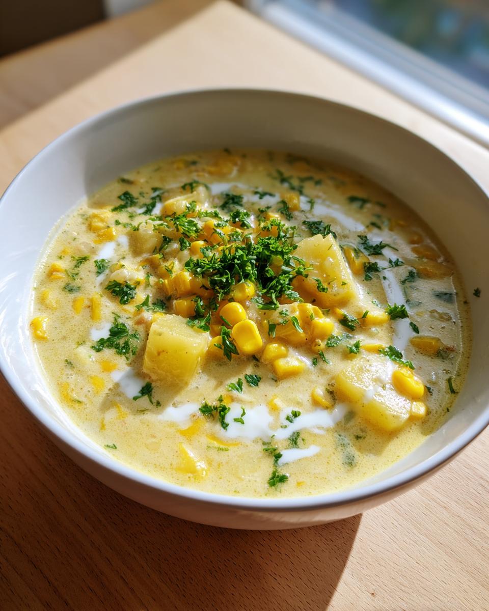 Close-up of a hearty bowl of creamy corn chowder, garnished with fresh parsley and a swirl of cream.