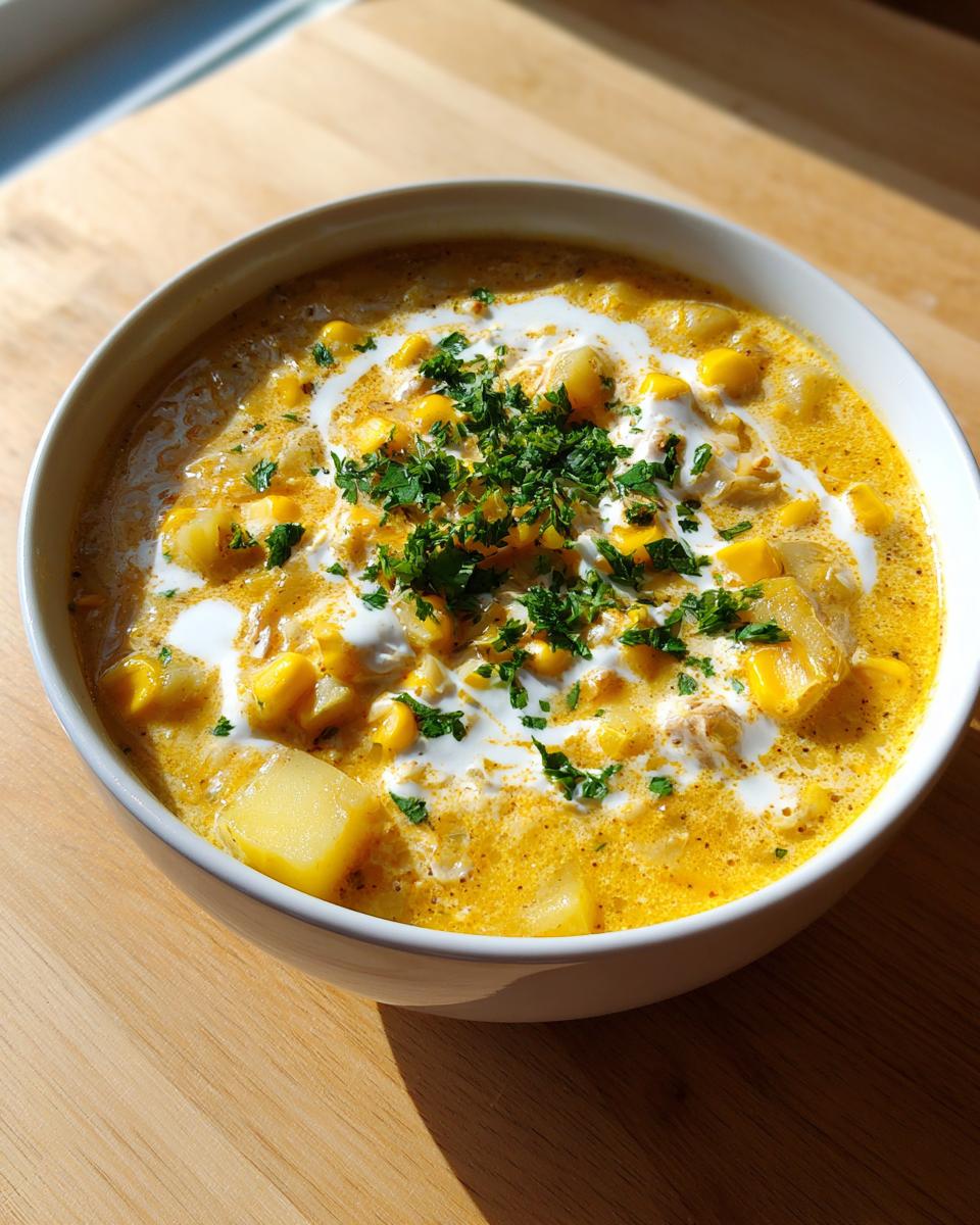 A close-up of a white bowl filled with rich, yellow creamy corn chowder, topped with cream swirls and fresh parsley.