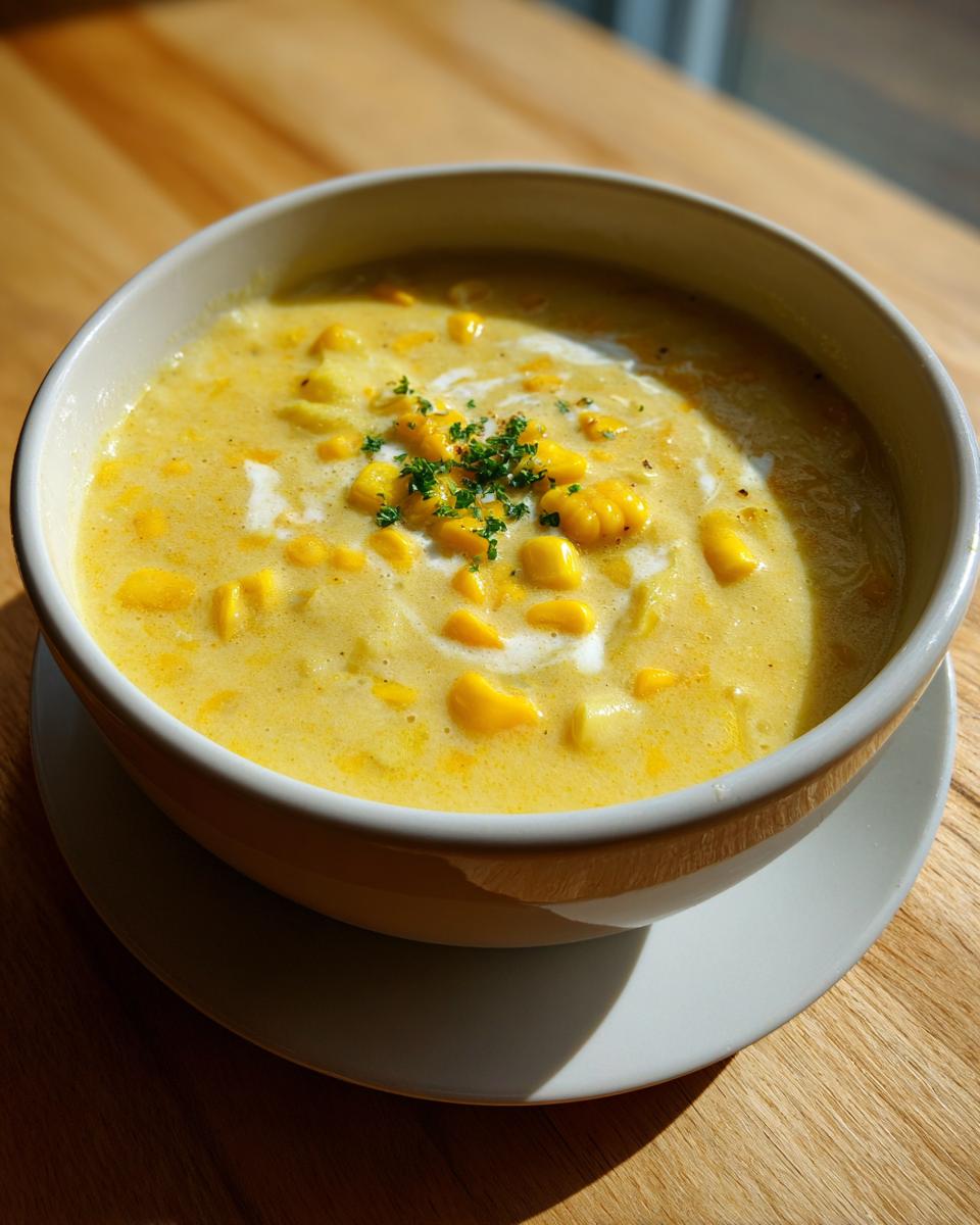 A close-up of a bowl of rich, yellow creamy corn chowder topped with whole corn kernels and fresh parsley.