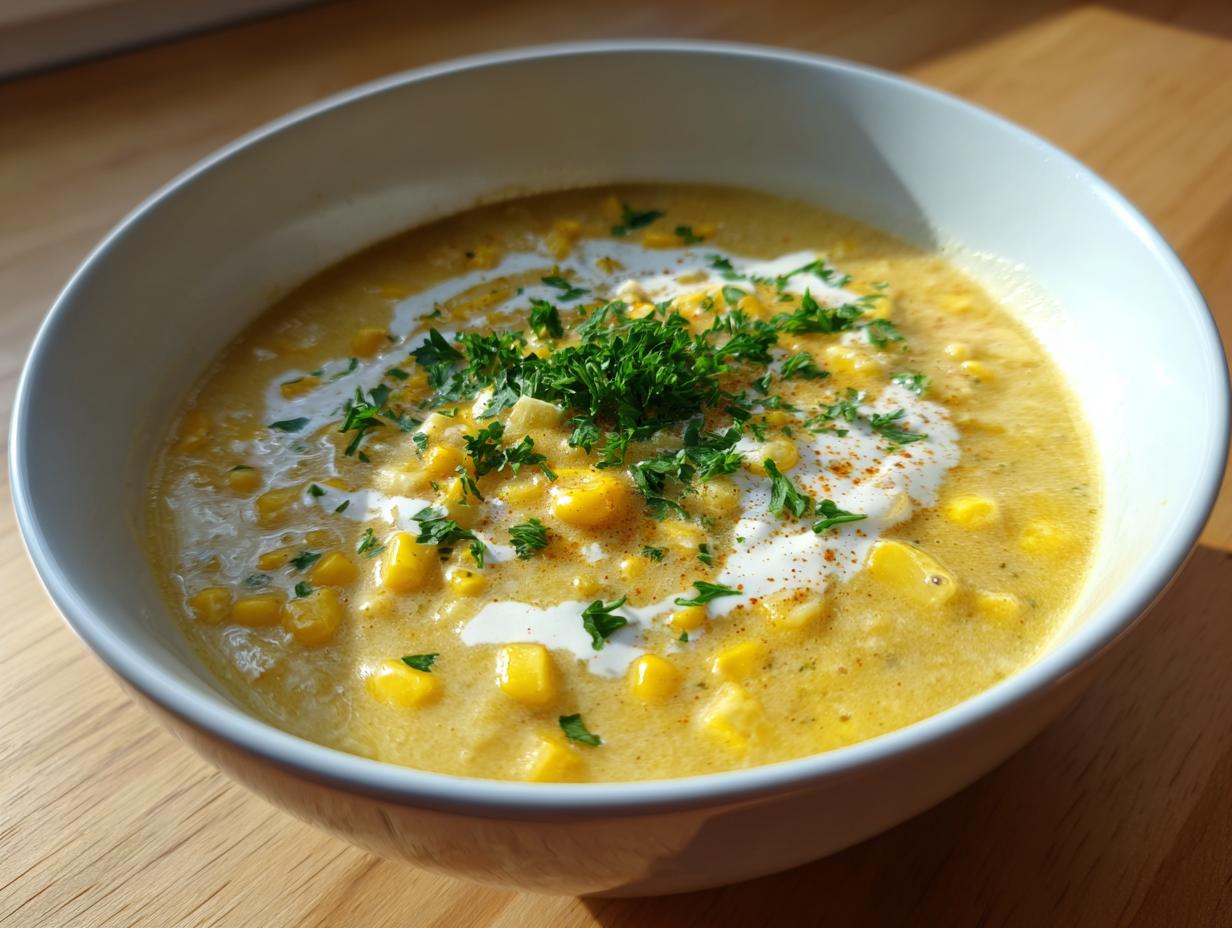 A close-up of a white bowl filled with rich, yellow creamy corn chowder, topped with a swirl of cream and fresh parsley.