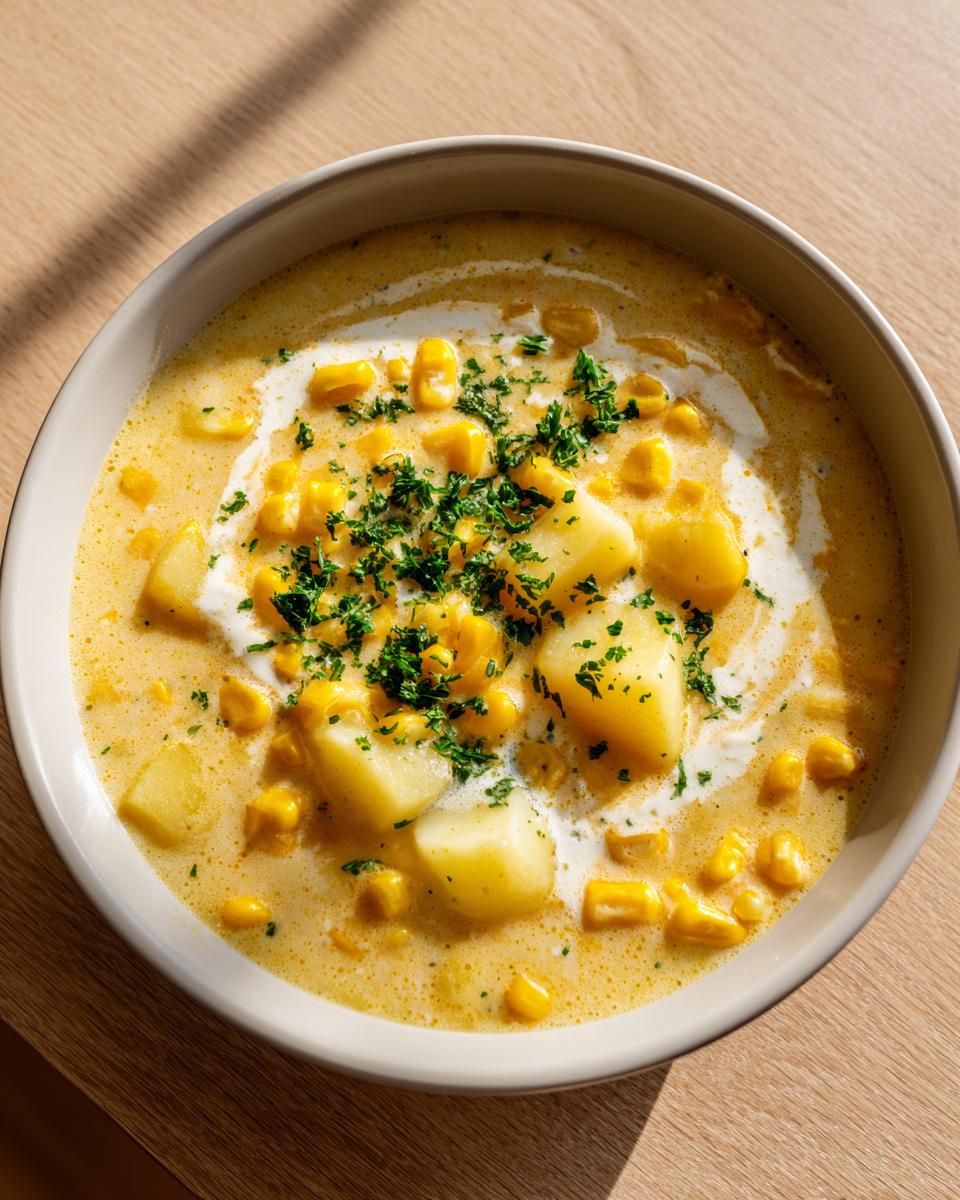 Overhead view of a rich, creamy corn chowder featuring chunks of potato, whole corn kernels, and topped with fresh parsley.