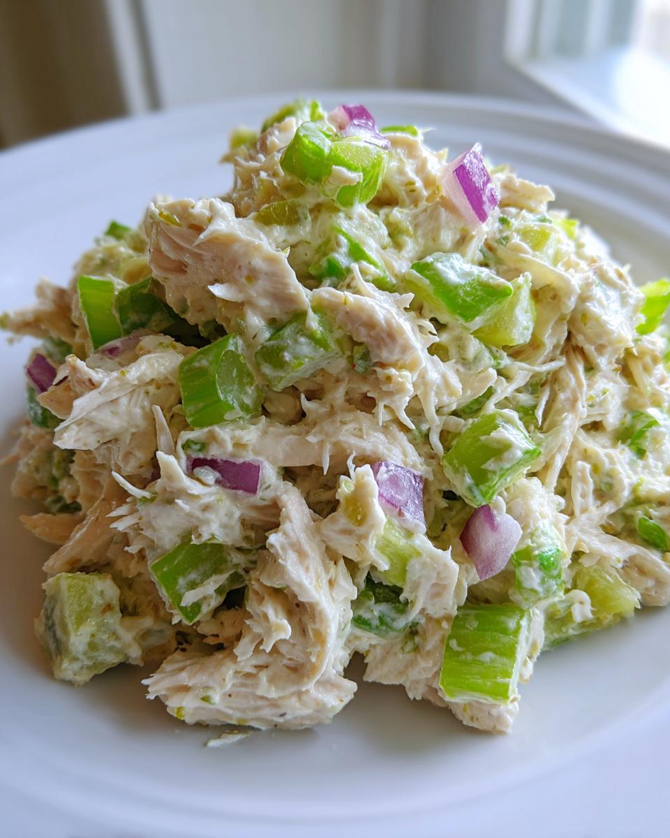 A mound of creamy cottage cheese chicken salad featuring shredded chicken, bright green celery, and diced red onion on a white plate.