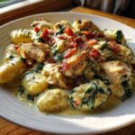 A close-up of creamy crack chicken gnocchi mixed with spinach and topped with crispy bacon pieces.